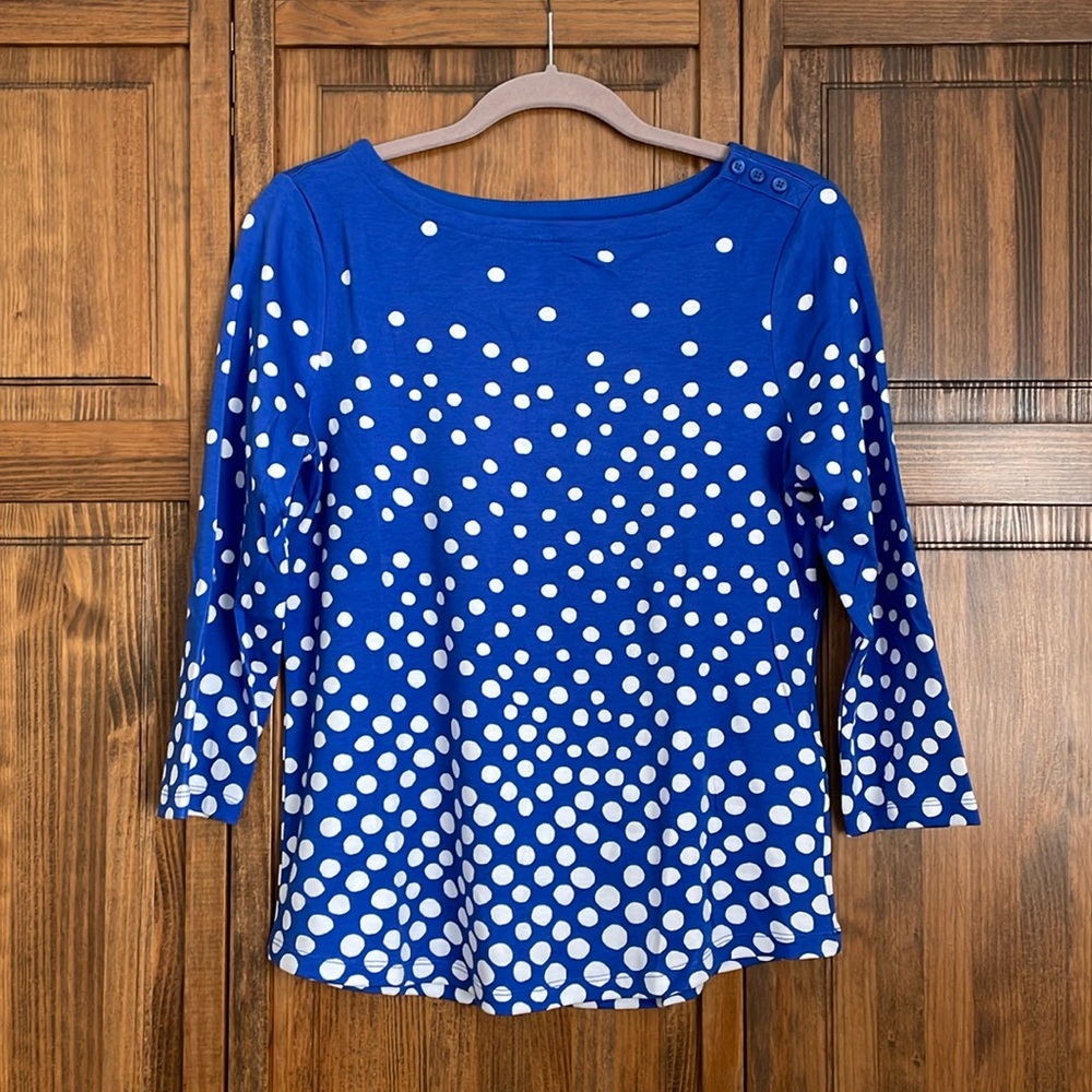 CHARTER CLUB Blue 3/4 Sleeves Tee with White Polka Dots NWOT